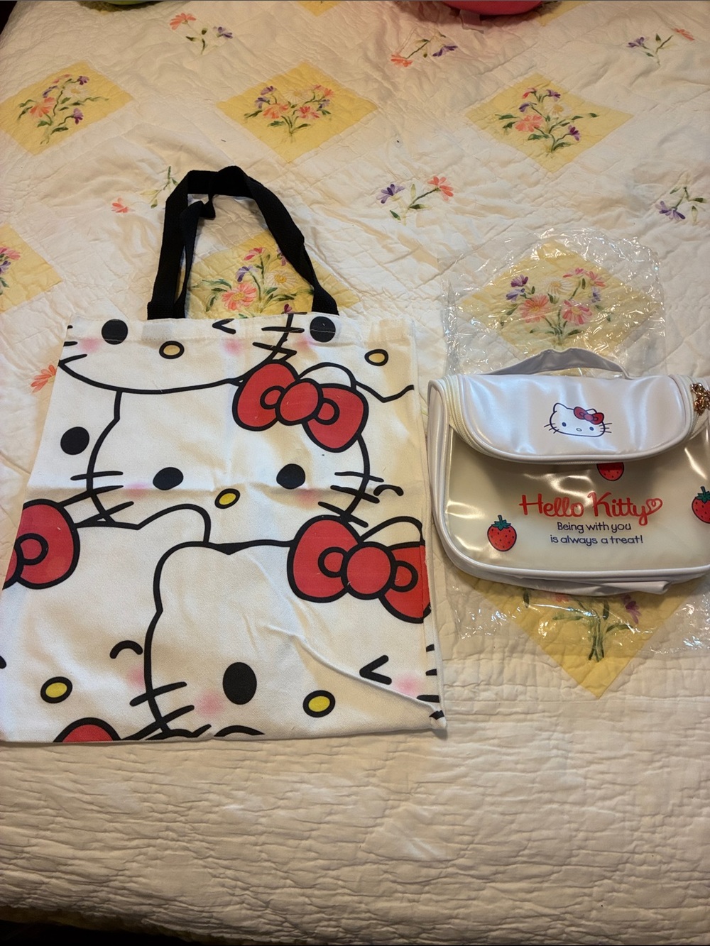 Hello Kitty White, Red & Black Womens Tote Bag with Matching Silver Pouch